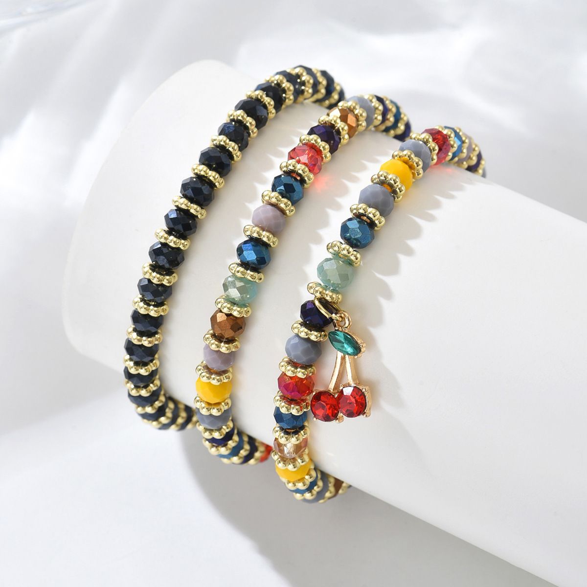 3-Piece Bohemian Colorful Glass Bead Bracelet Set with Cherry Charm, Stackable Stretch Boho Fashion Jewelry for Women
