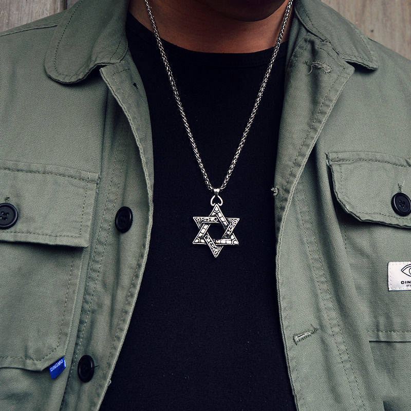 WELLHOME Kpop Star of David Pendant Israel Chain Necklaces for Men Women Judaica Silver Color Hip Hop Long Chain Jewish Jewelry Boys Gift