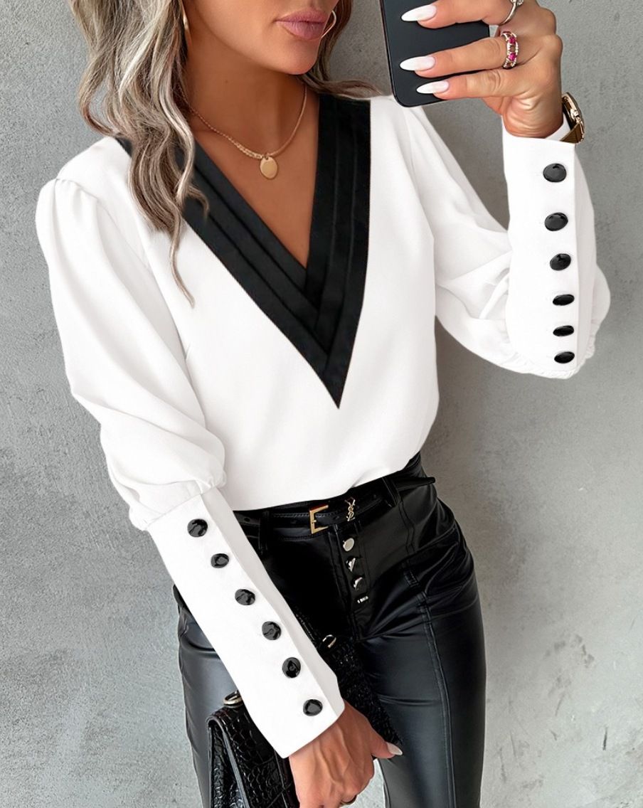 Explosive autumn fashion V-neck solid color long sleeve button-down shirt for women ST23385