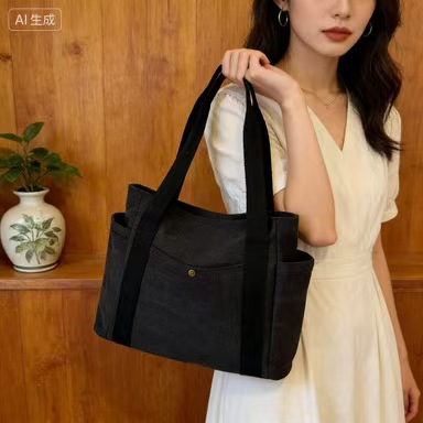 Thickened Canvas Tote Bag Large Capacity Outdoor Shoulder Bag High Appearance Versatile Literary Student Bag Casual Commuter Bag
