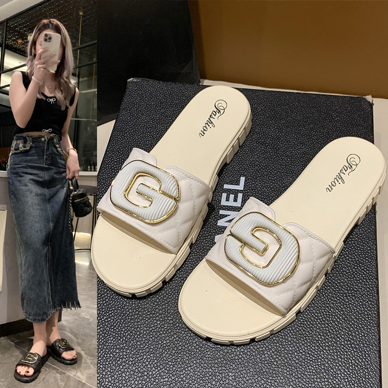 2089-G Toe Leather Flat Sandals Luxury Women Slippers Brand Square Sandals Letter G Metal Button Decoration Female Outdoor Beach Casual Slippers