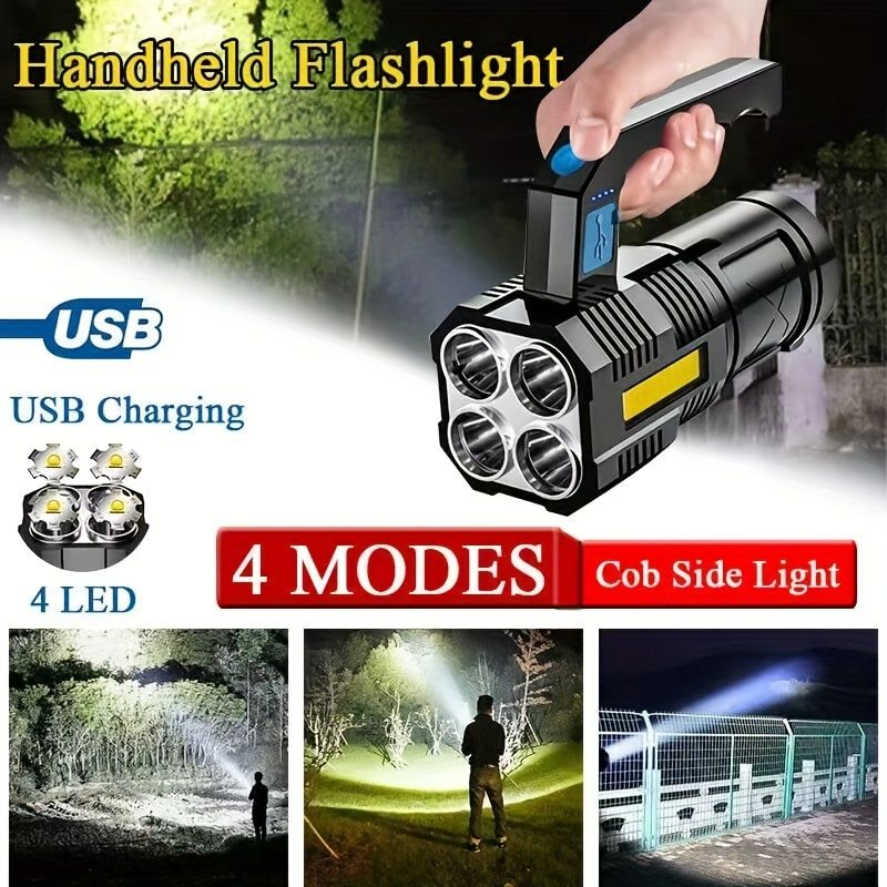 Quad-Core High Power LED Flashlight - Ultra Bright, Rechargeable, and Portable Torch for Camping and Outdoor Activities - USB Powered, Long-Lasting, and Water-Resistant Design