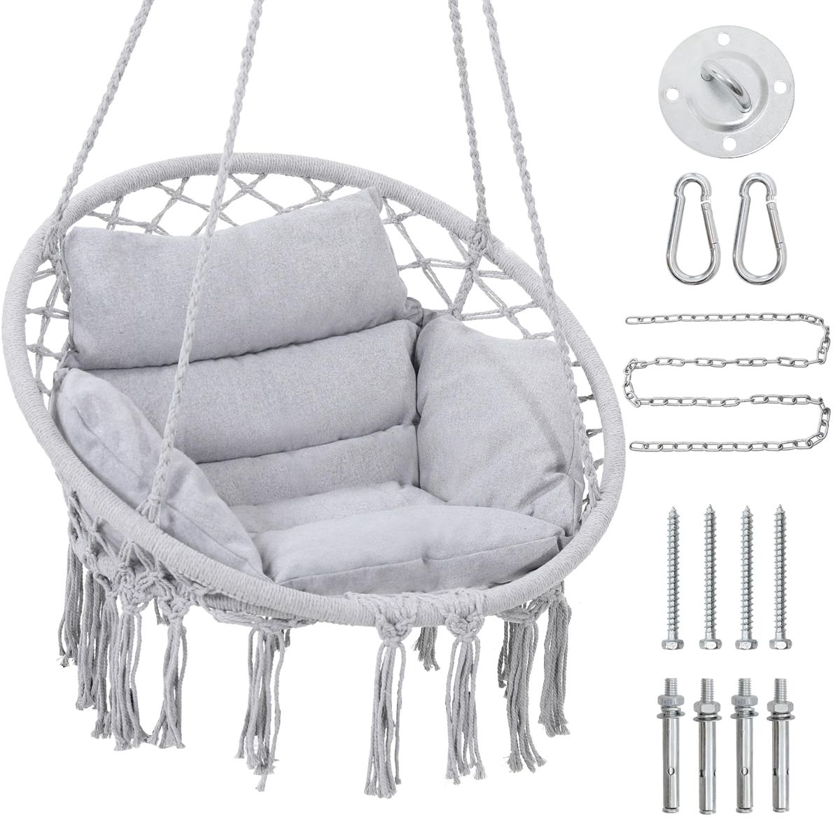 Hammock Hanging Swinging Chair with Medium Cushion, Perfect for Bedroom, Porch, Adults, Balcony, Beige