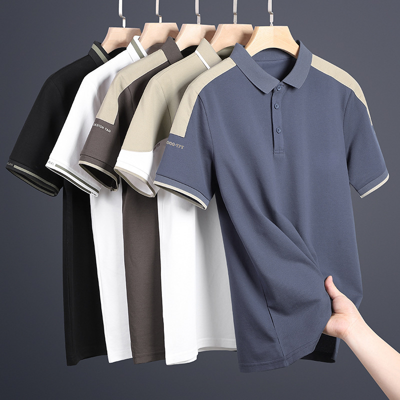 ZWS Men's Summer Lapel POLO Shirt Thin Patchwork Color Contrast Top