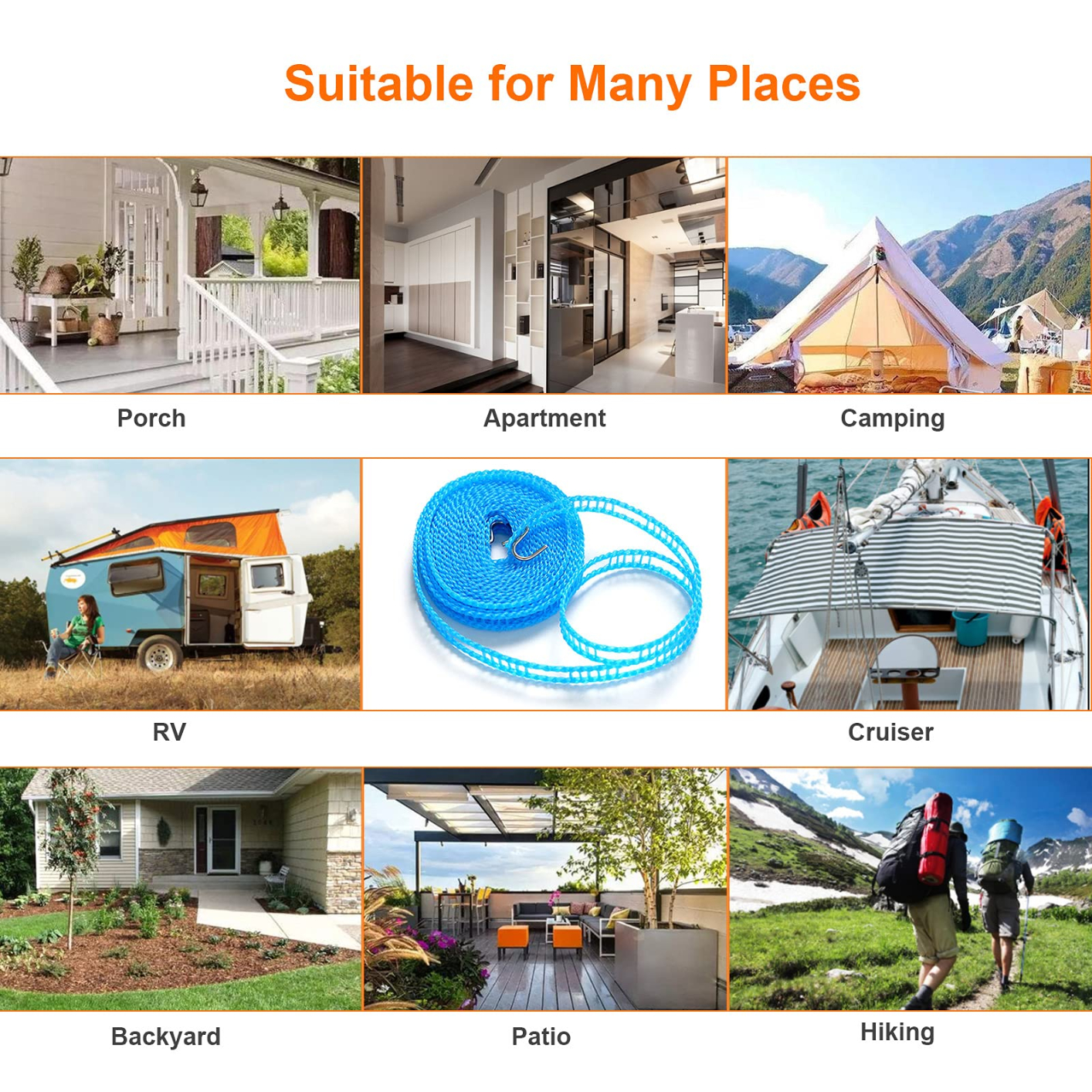C4134 Windproof Clothesline, Camping Clothesline, Durable Travel Clothes Line Rope, Portable Clothes Drying Line, Heavy Duty, Length Adjustable Non-Slip Clothing Line Outdoor Indoor