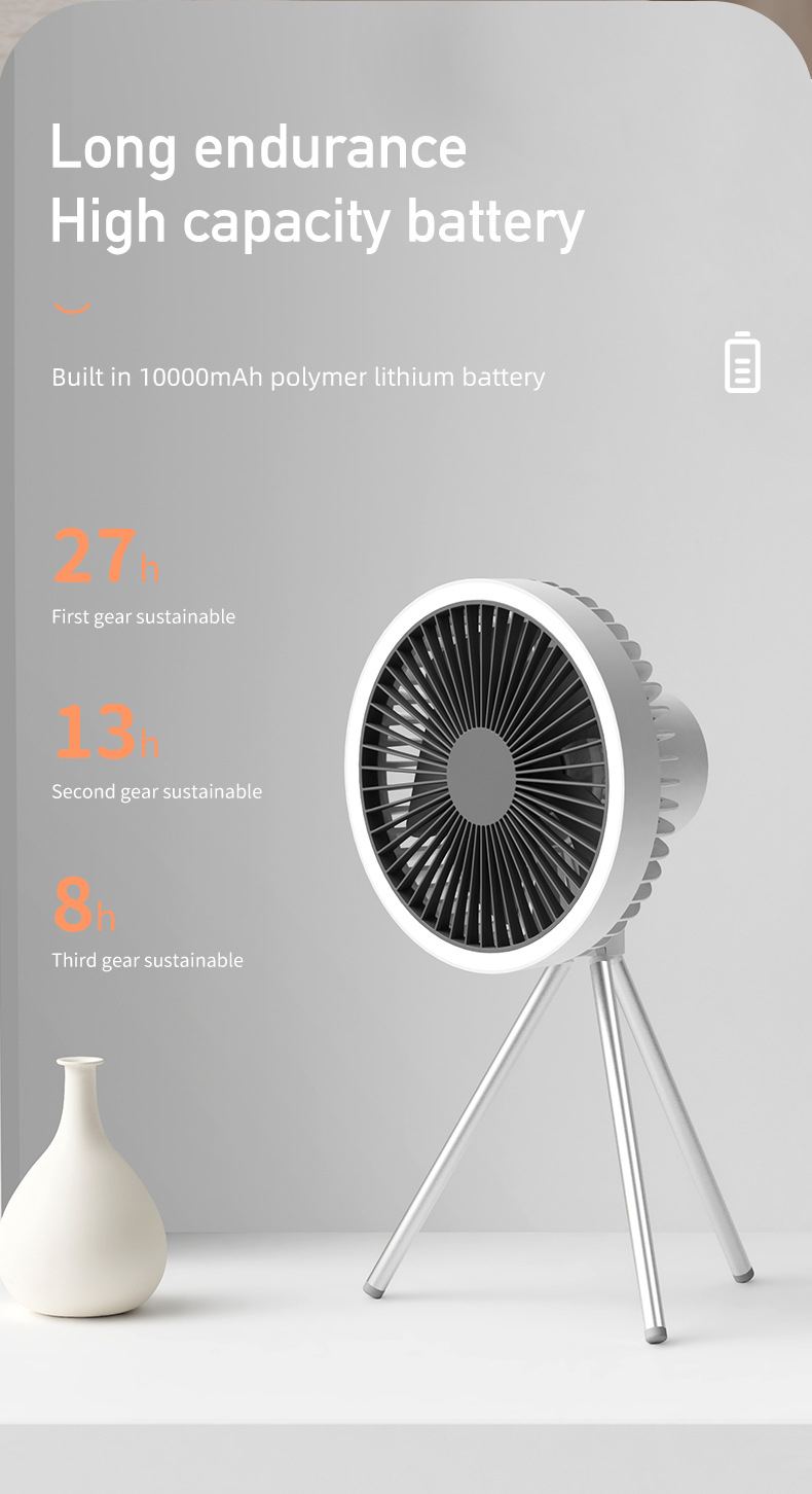 MECOLA Portable Camping Fan with LED Lantern, 10000mAh Battery Operated USB Rechargeable Fan with Hanging Hook, 3 Lights Modes, 3 Speeds Quiet Ceiling Fan, Tent Fan with Tripod for Outdoor Emergency Outage