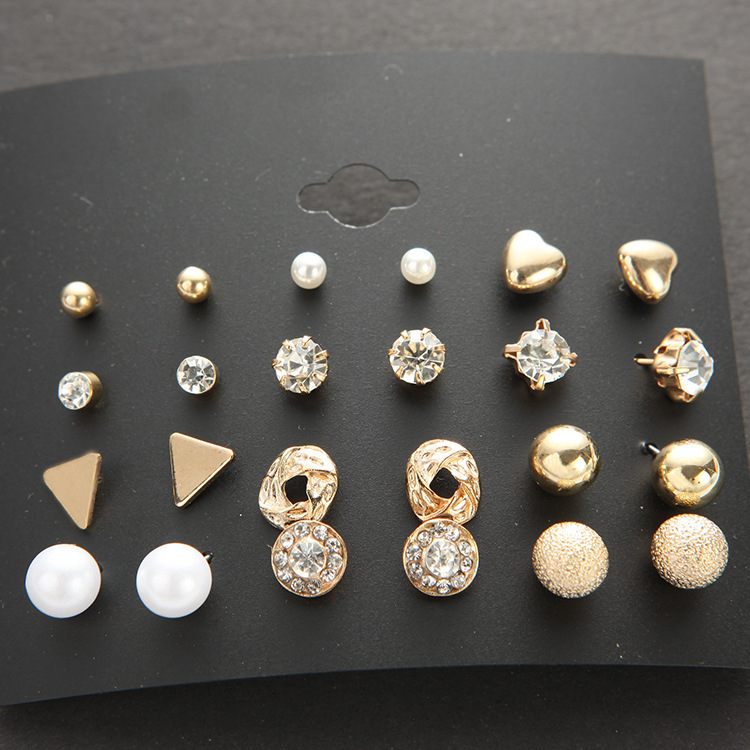 20175 12Pairs/Set Square Crystal Stud Earrings Jewelry Fashion Gold Plated Earrings Set