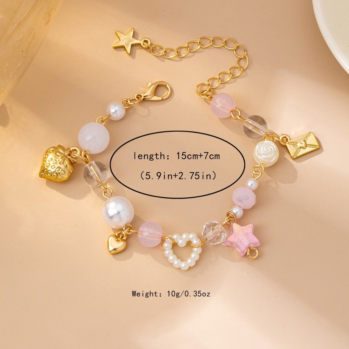 Sweet Multi-Element Beaded Bracelet with Pink & Clear Beads, Imitation Pearls, Strawberry, Heart & Star Charms, Adjustable Gold-Tone Chain, Cute & Whimsical Women’s Jewelry
