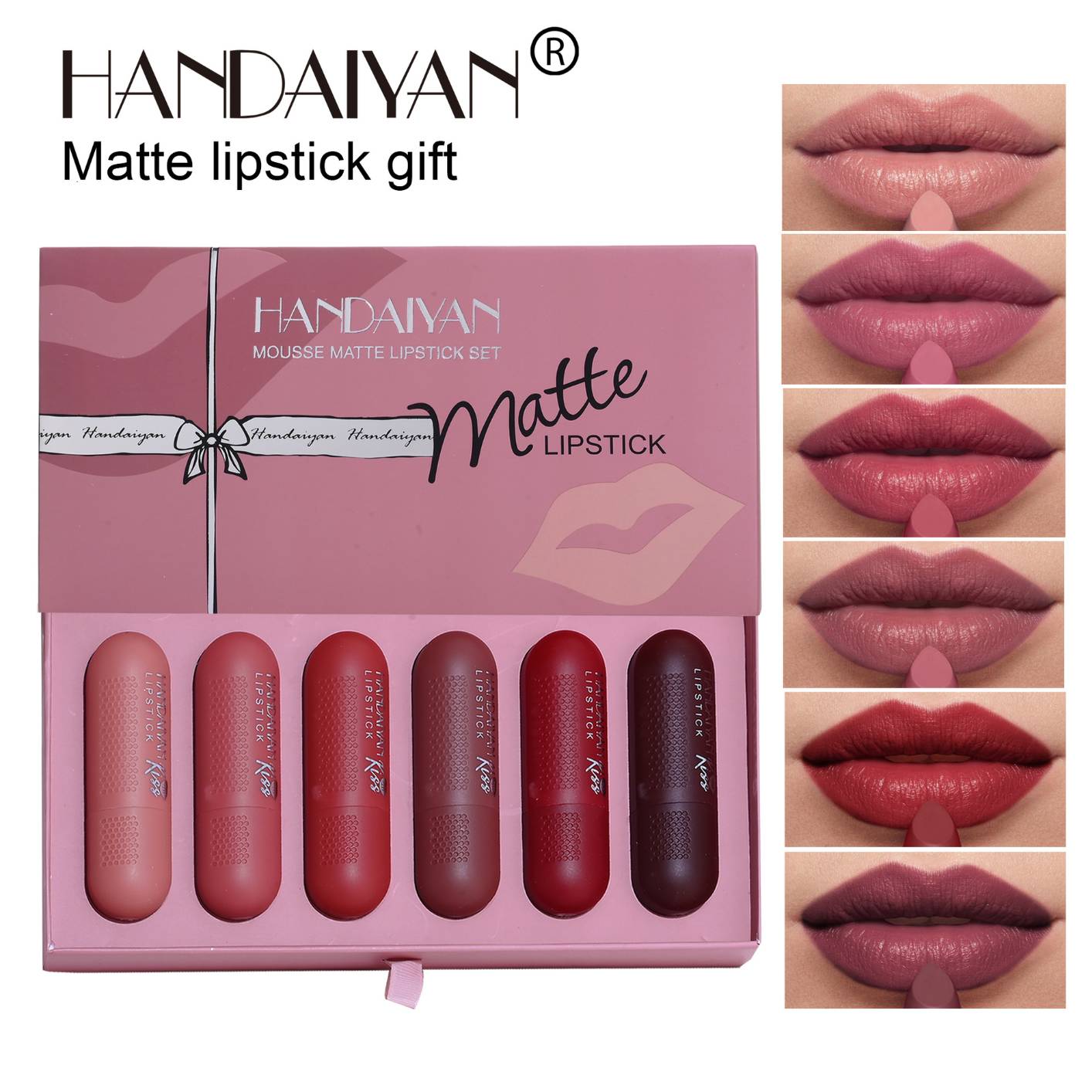 H1042 HANDAIYAN 6pcs Recorder Shape Matte Velvet Lipstick Set with Box Valentines Day Gift for Her Waterproof Lip Tint Women Makeup