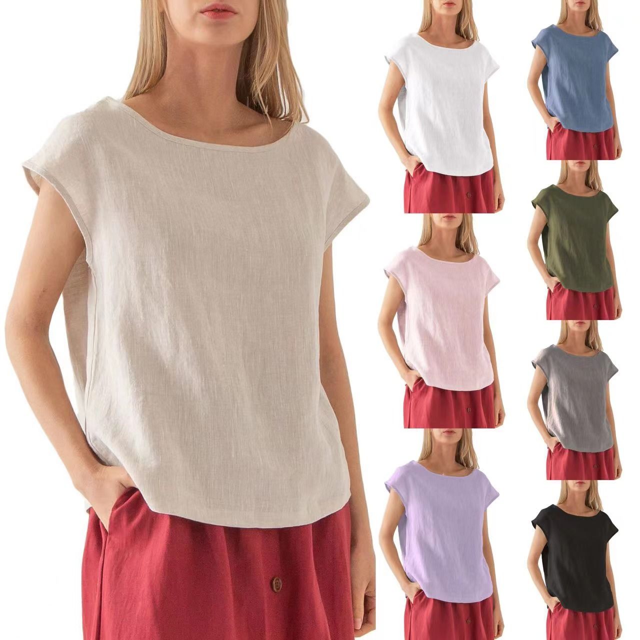 New Women's Linen Casual Loose Short Sleeve T-Shirt, Solid Color Crew Neck Breathable Top, Fashion Relaxed Fit Linen Tee for Daily Summer Wear