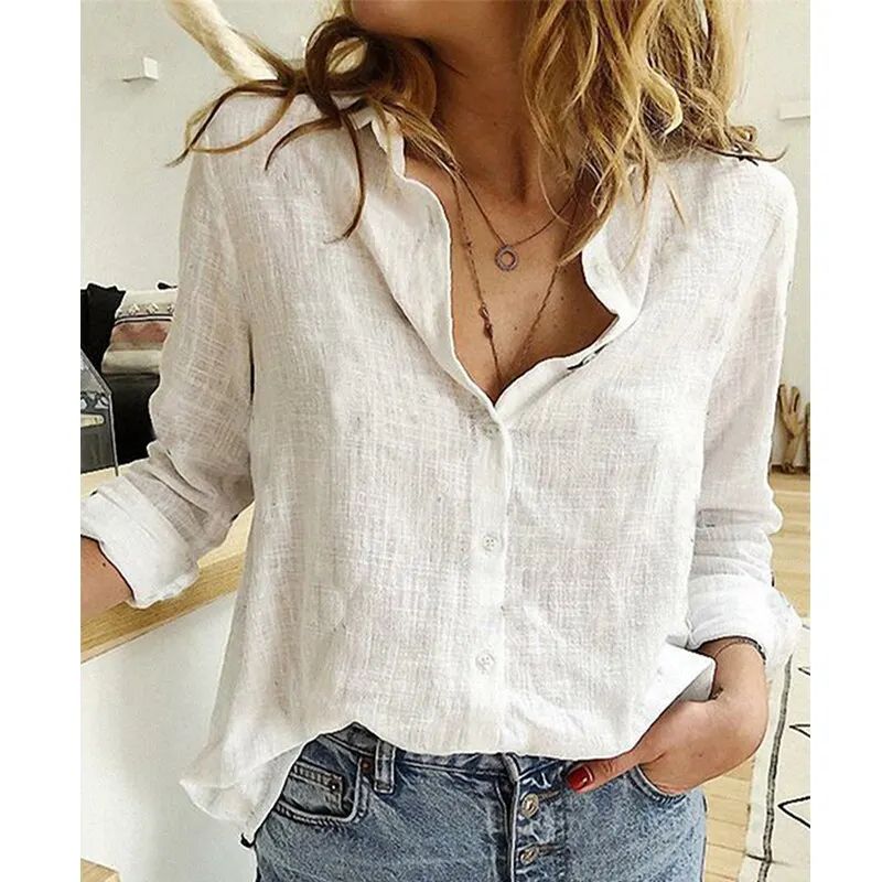 Womens Long Sleeve Shirts Casual Loose Button Down Turndown Collar Tops Office Lady Outwear Top Cloth