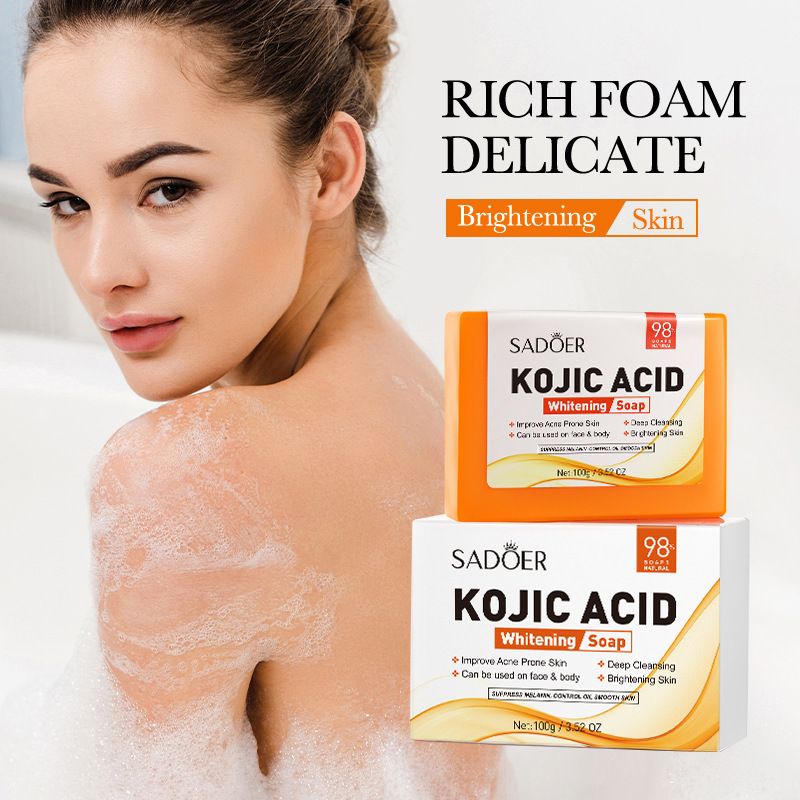 SADOER Kojic Acid Whitening Soap 100g - Deep Cleansing Face & Body Soap for Acne-Prone Skin, Brightening & Oil Control Bar Soap, Gentle Exfoliating Cleanser with Free Bubble Net