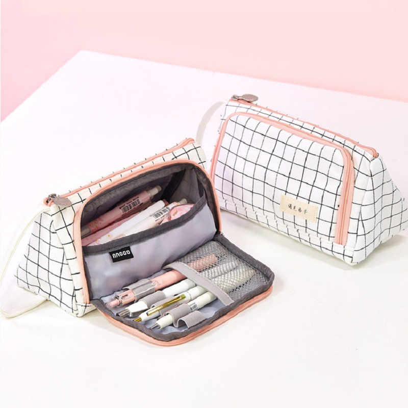 AN1611 Stationary Pen Storage Bag Pen Pencil Bag Multi Layer Large Capacity Cosmetic Travel Storage Bag Simple Plaid Pencil Case