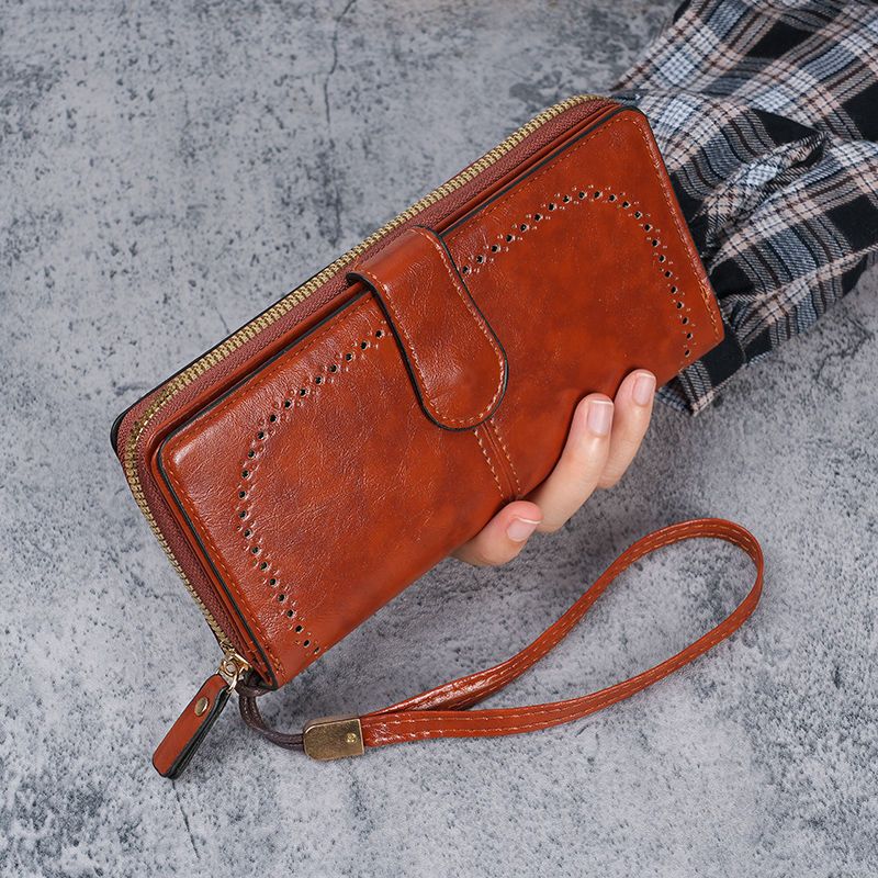 New 2-in-1 Fashion Waxed Canvas Women's Large Capacity Long Wallet, Big Bill Holder with Hollow Out Multi-Layer Design
