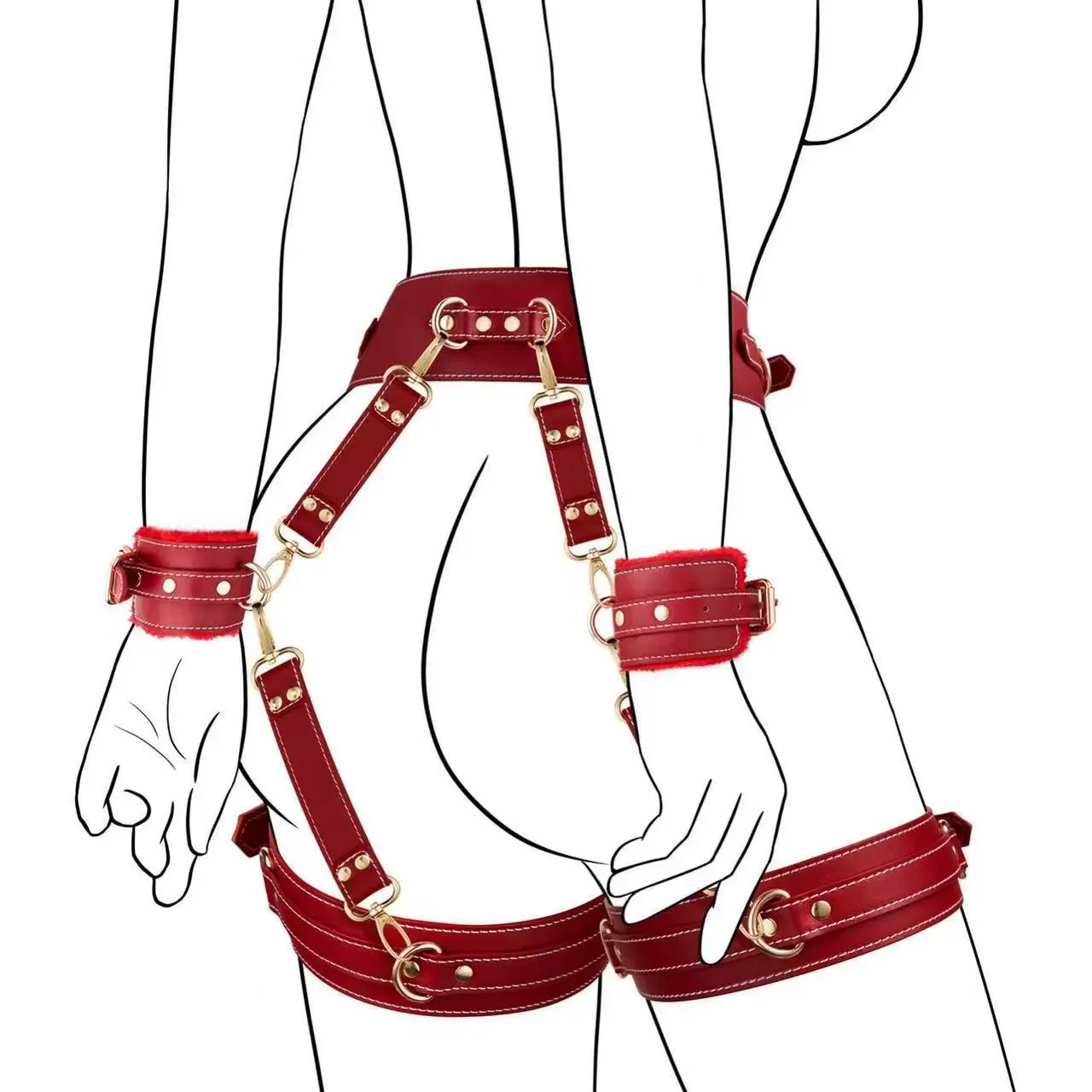 Kit SM 7PCS Sets with Adjustable Handcuffs Ankle Cuff Thigh Cuffs Waist Strap Blindfold Cross Strap Sex Toys for Men Women and Couples
