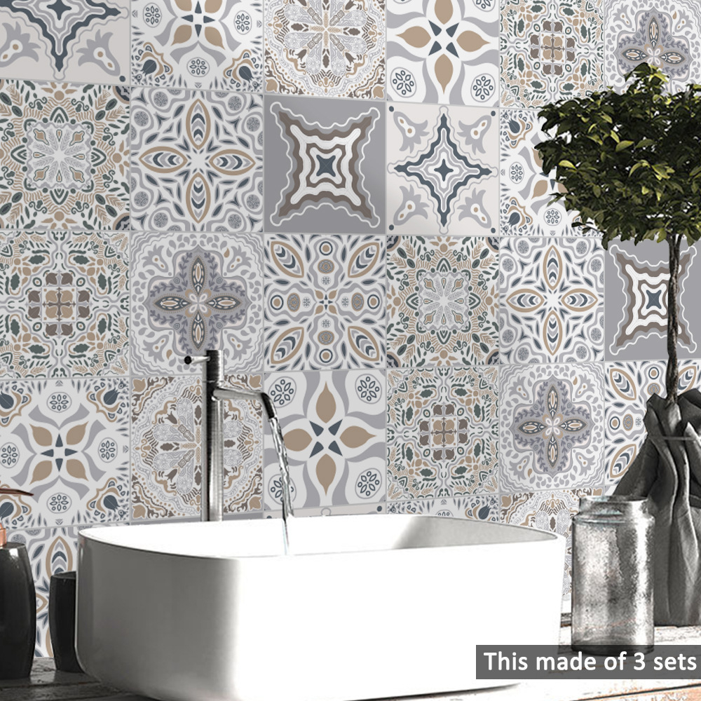 TS060 10Pcs Retro DIY Moroccan Style Tile Sticker PVC Waterproof Wall Decal Art Furniture Bathroom Kitchen Tile Sticker Wall Decor

