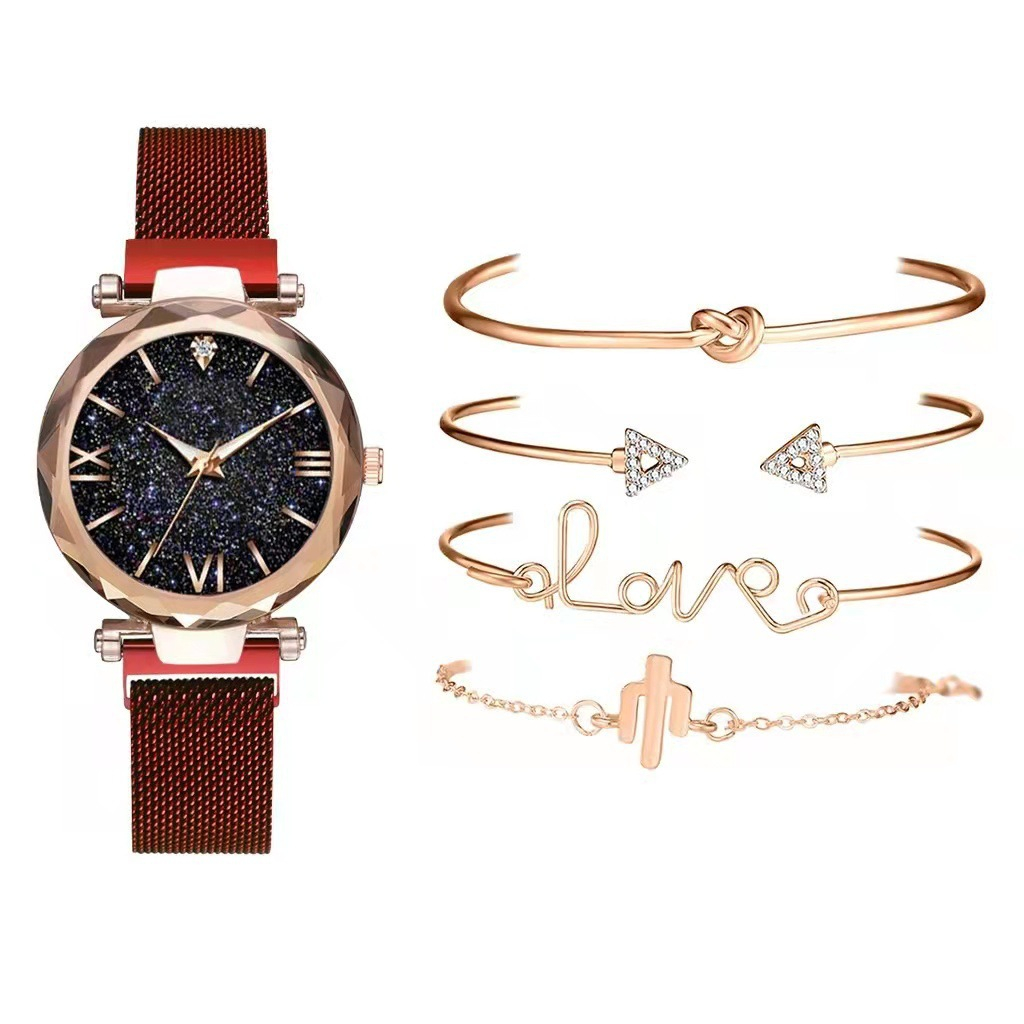 women's watch set of 5 elegant girls magnetic mesh strap design quartz watch