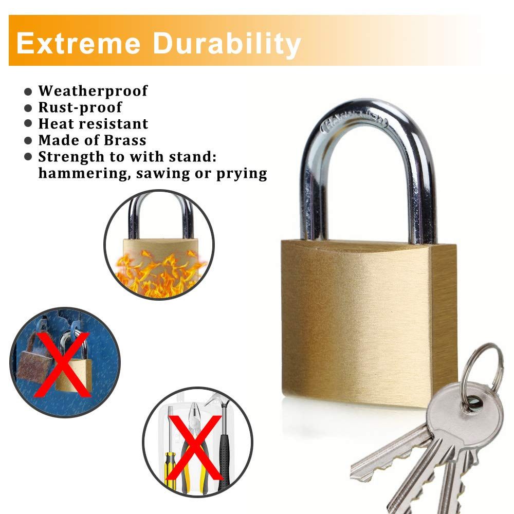 Solid Brass Padlock with Key Wide Lock Body, Small Keyed Padlock for Sheds, Storage Unit School Gym Locker, Fence, Toolbox, Hasp Storage