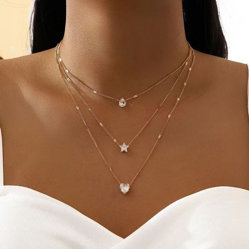 Fashionable and minimalist multi-layer 5-point star heart-shaped water droplet pendant, vintage necklace, collarbone chain