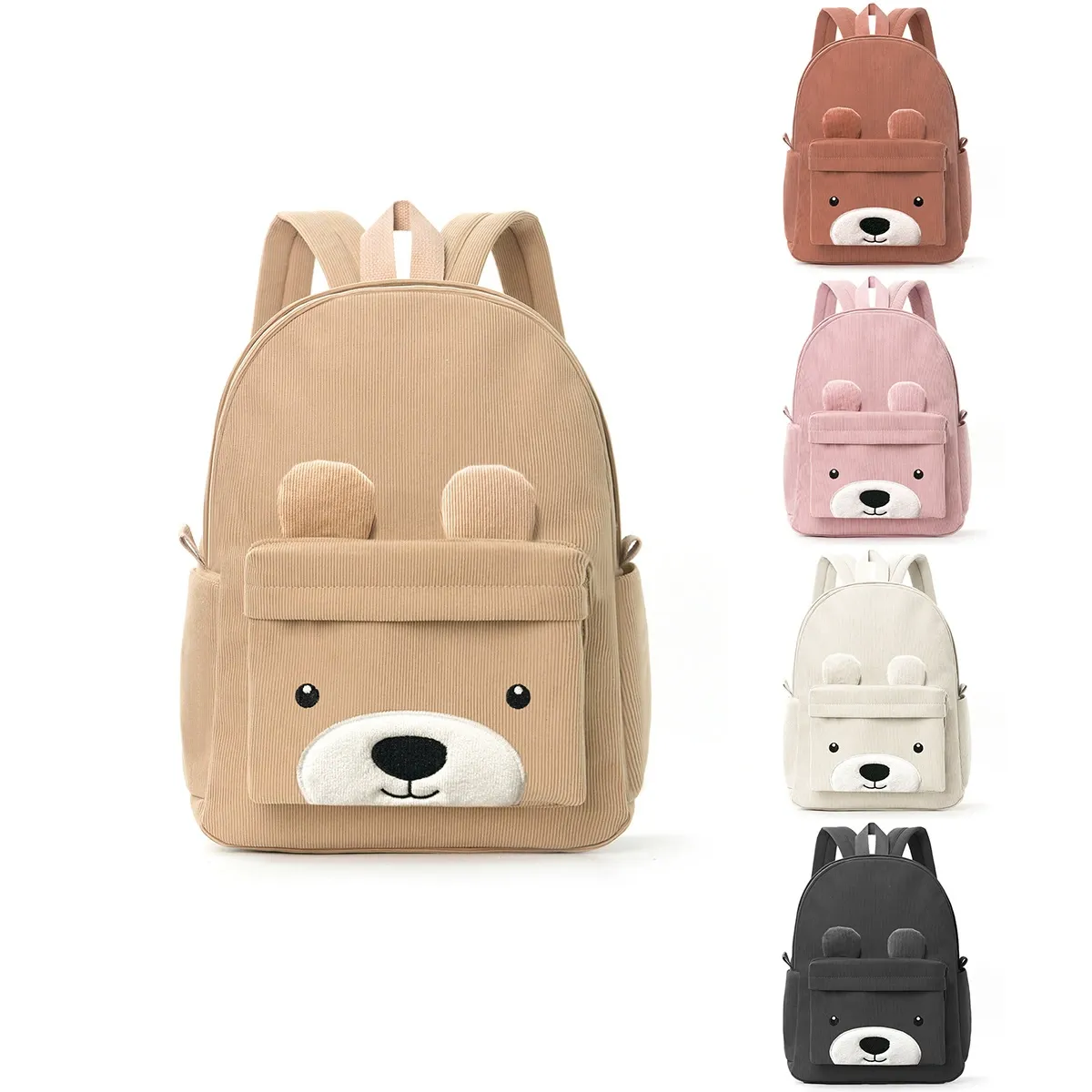 Corduroy Kids Backpack, Cute Bear School Bag for Elementary Students, Large Capacity Fashion Casual Shoulder Bag
