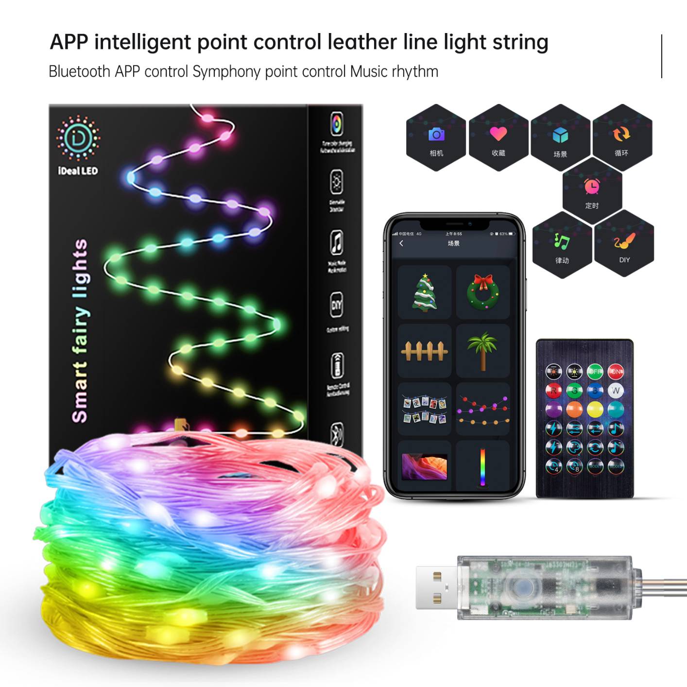 AUNONT smart point control leather wire lights string 10m 100 LED Color changing Fairy lights APP Bluetooth Christmas atmosphere decorative lights