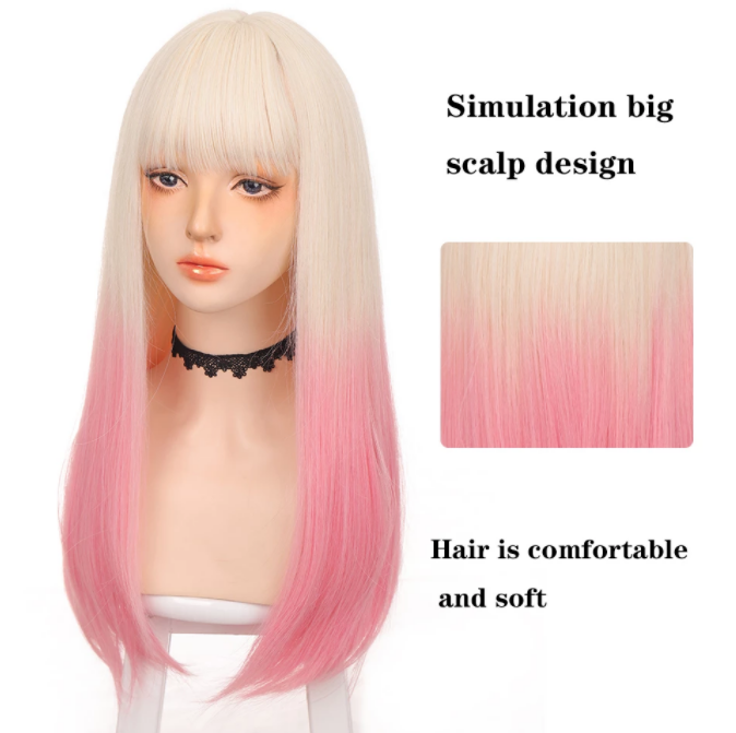 Long straight hair synthetic wig girl pink white gradient bangs cosplay Lolita party heat-resistant wigs