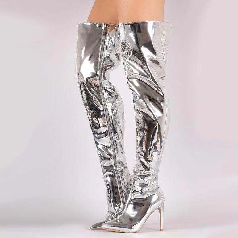 2025 AW Women's Stiletto Thigh High Boots Pointed Toe Sexy Patent Leather Over The Knee Boots Plus Size Wide Calf Runway Boots