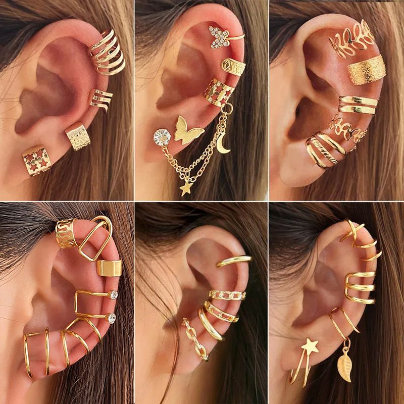 Europe and the United States five sets rhinestone butterfly hollow non-perforated cartilage earrings fashion star moon integrated chain ear clip HS1268