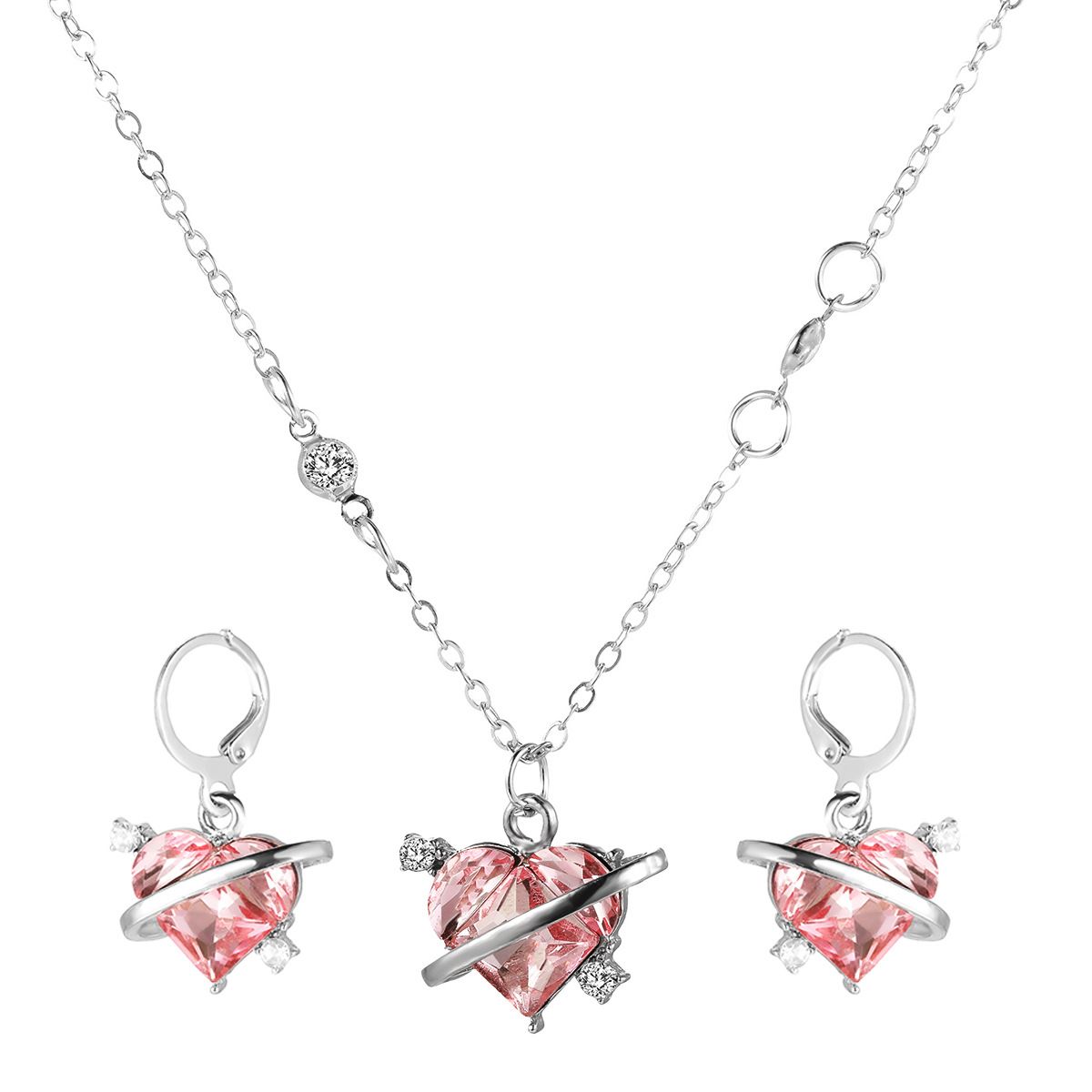 5722501HB 3Pcs/Set Pink Heart Pendant Choker Necklace for Women Girls Fashion Romantic Earrings Jewelry Set Accessories New Trend