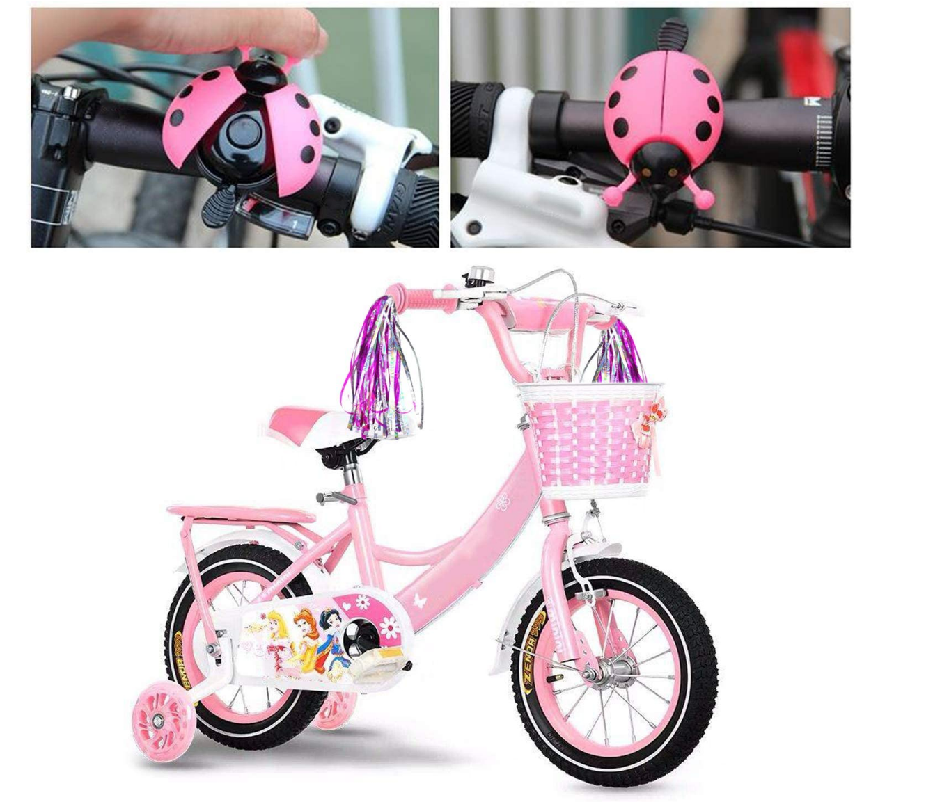 WELLHOME beifon 2 Pack Kids Bike Streamers + 1 Pack Kid's Bike Bell Bicycle Handlebar Streamers Girl's Bicyle Tassels Ribbons for Children's Bike Scooter Accessories(Colorful Pink)