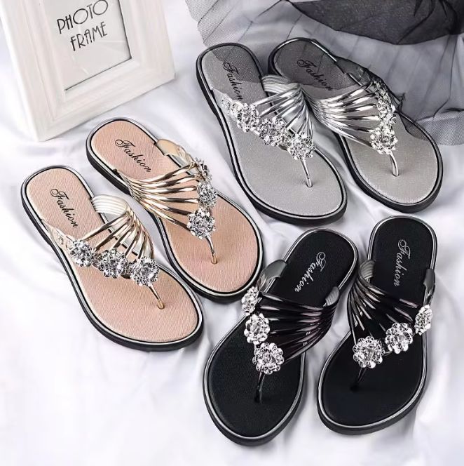 New Women's Slippers Fashion Casual Pearl Solid Color Flats Simple Outdoor Comfort Soft Sole Beach Sandals Sandalias Femininas