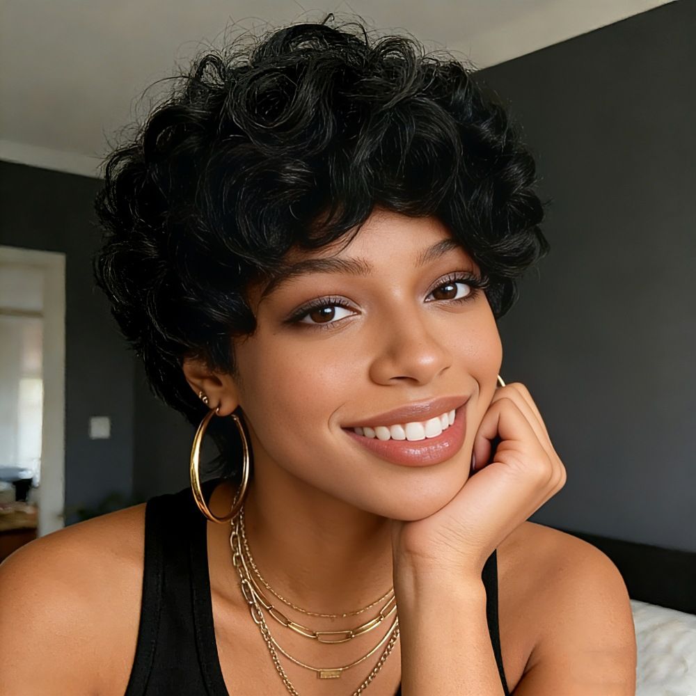 Fashion Women Short Curly Wig, Fluffy Small Curl Afro Style Synthetic Full Head Wig

