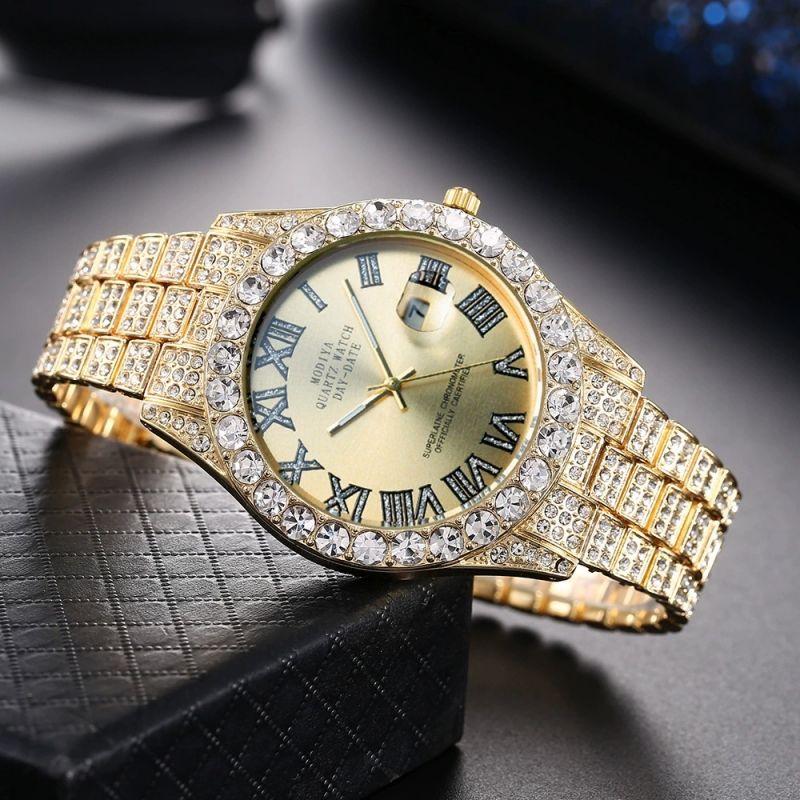 Diamond studded men's watch, gold filled with diamonds, calendar quartz watch CRRSHOP free shipping Wrist Watch Father's Day Gift