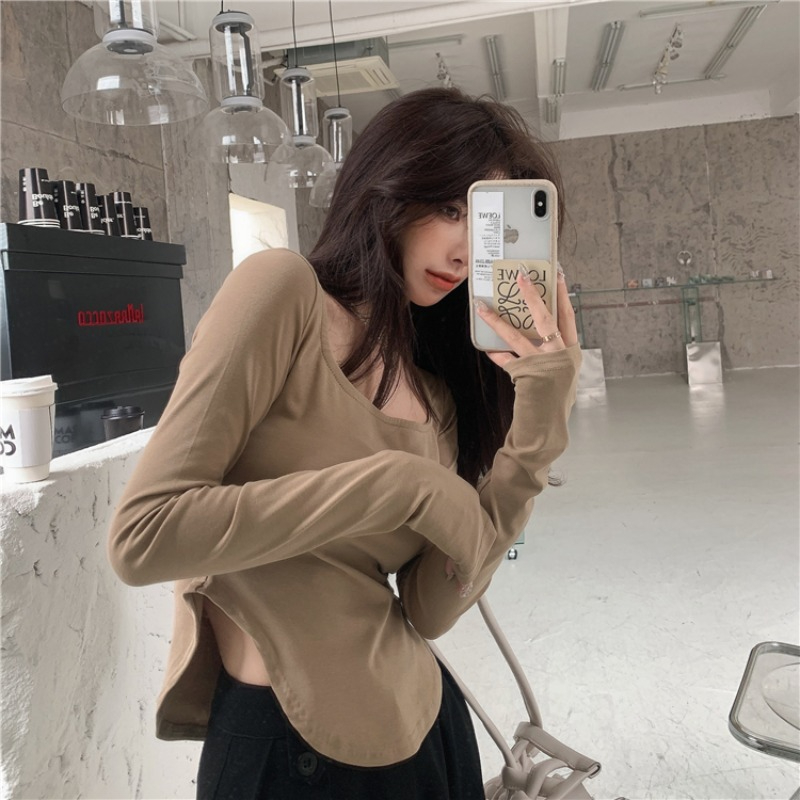 GW-532 Women's Fashion Loose Temperament U-neck Design Sense Irregular Solid Color Long Sleeve Top