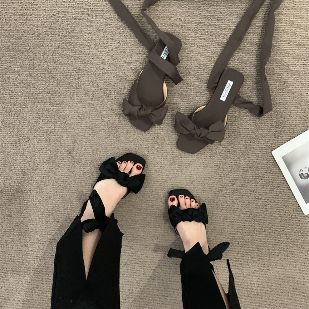 Women's Open Toe Strap Bow Decor Lace Up Flat Sandals