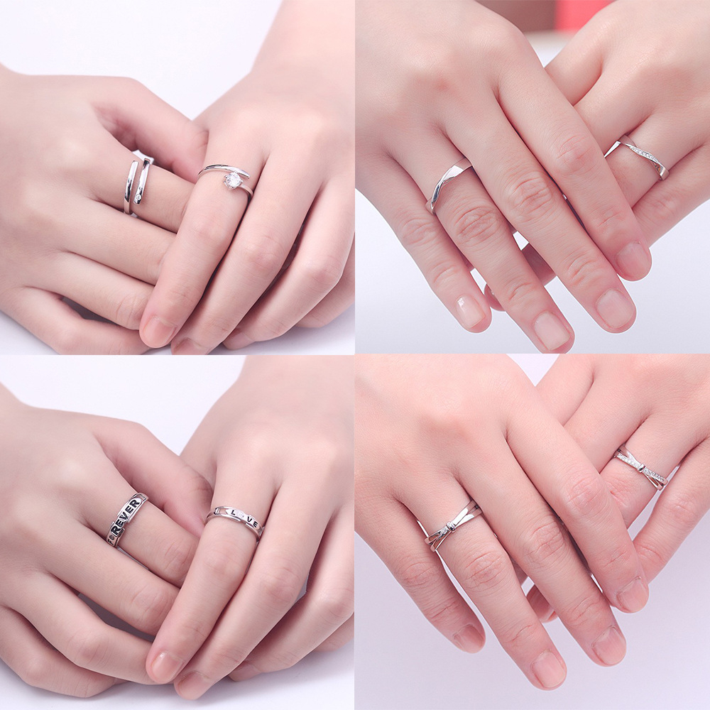 TL-095 925 Sterling Silver Couple Rings, Opening Adjustable Eternity Promise Engagement Wedding Statement Rings Simple Jewelry Gifts for Women Girls Men BFF