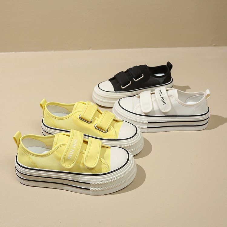 New Velcro canvas shoes for women in summer 2025, solid color thick-soled white white sneakers, school-style running casual shoes