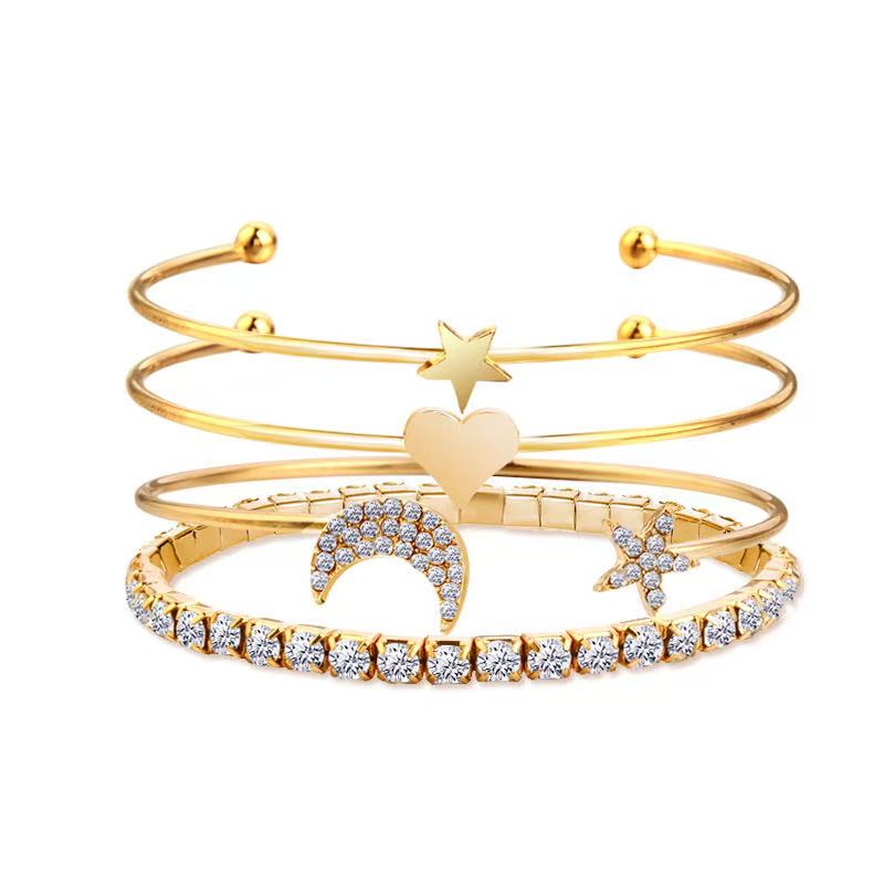 4pcs/Set Vintage Fashion Charm Star Moon Bracelet for Women Personality Gold-plated Stainless Steel Bracelet Punk Jewelry SetsGold