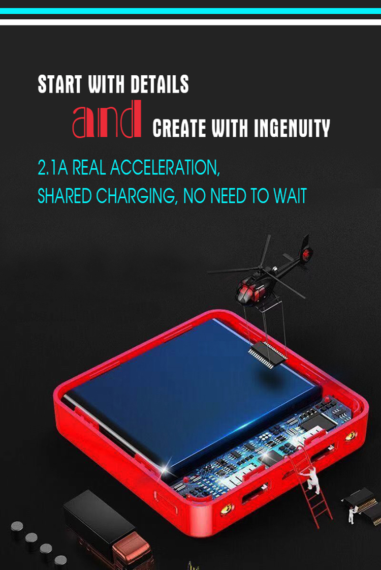 Multi Functional Portable Mobile Power Supply, Power Bank, High Speed Charging ( Square, full mirror screen, Flashlight + Dual USB, Integrated compression type high capacity battery pack) (Red / Blue)