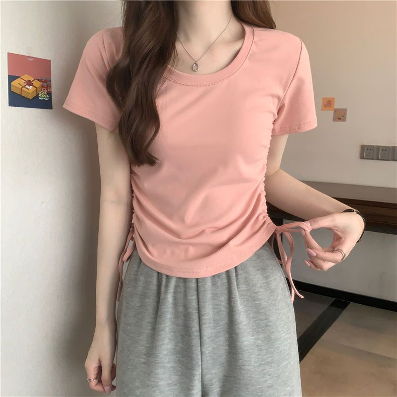 420 Women's Loose Crewneck Drawstring Slim Short Sleeve T-shirt