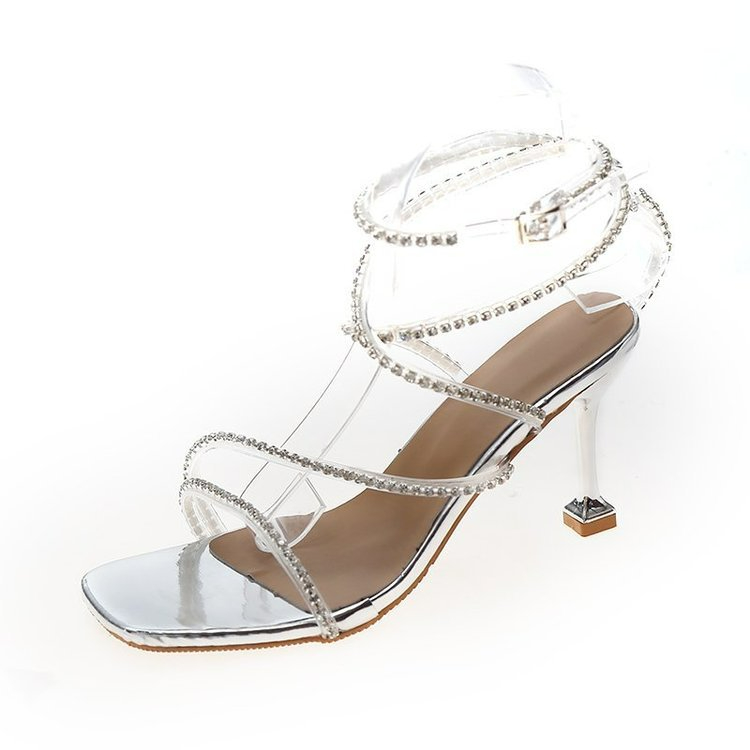 Transparent rhinestone high-heeled sandals CRRshop free shipping hot sale female fashion sandals Fairy style middle heel new style versatile thick heel rhinestone twining Roman style high heel silvery gold shoes small size 34-40 slotted sandals with buckle