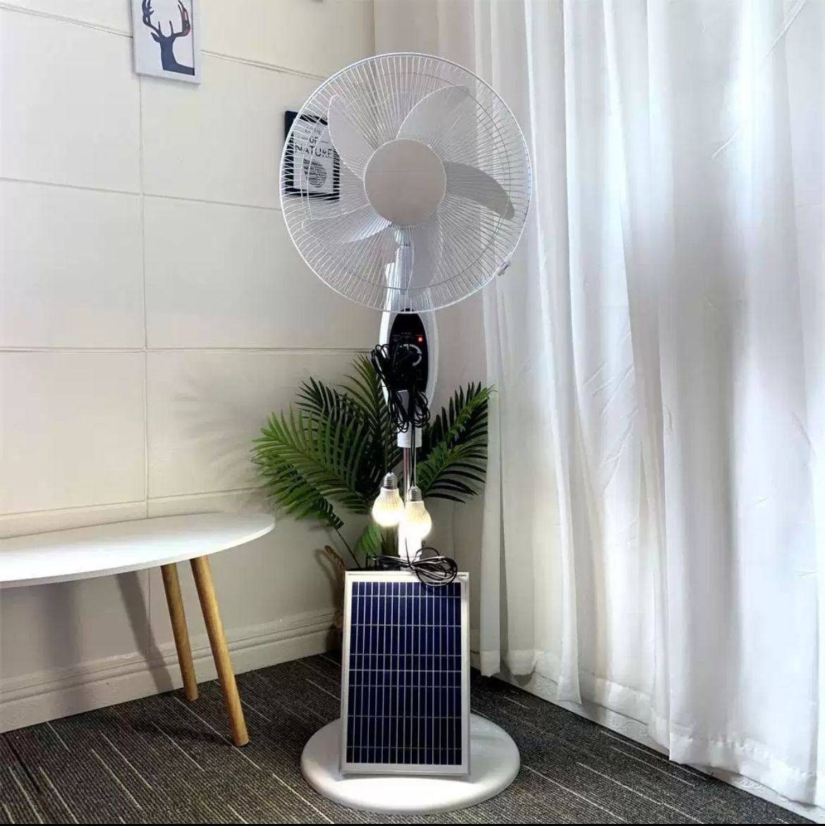 Rechargeable Solar AC/DC 16 Inches 9-Speed Pedestal Standing Fan With Remote Control, Timer And 6V LED Night Lights