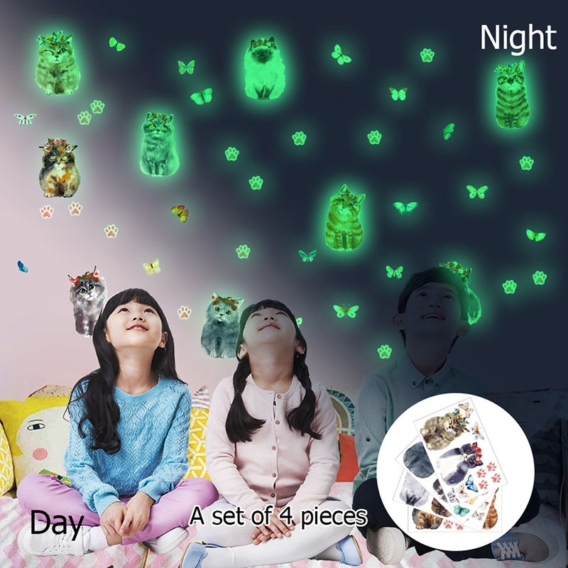 YGP033 Luminous Cute Cat Footprint Butterfly Cartoon Fluorescent Sticker Children'S Room Decoration DIY Self-Adhesive Wall Sticker
