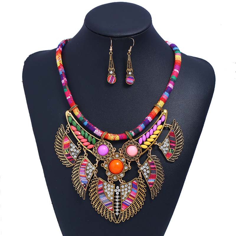 Necklace earring 2-pieces set CRRshop free shipping hot sell female new fashionable and creative Bohemian ethnic style diamond inlaid alloy necklace earrings female jewelry set women popular present 
