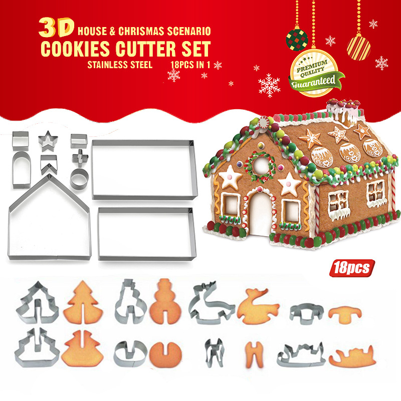 3DC-4 18 Piece Gingerbread House Cutters Kit,DTDR 3D Christmas House Cookie Cutter Set, Stainless Steel Biscuit Cutter Mold Set,Festive Xmas DIY Baking Including Christmas Tree,Snowman,Reindeer,Gift Box
