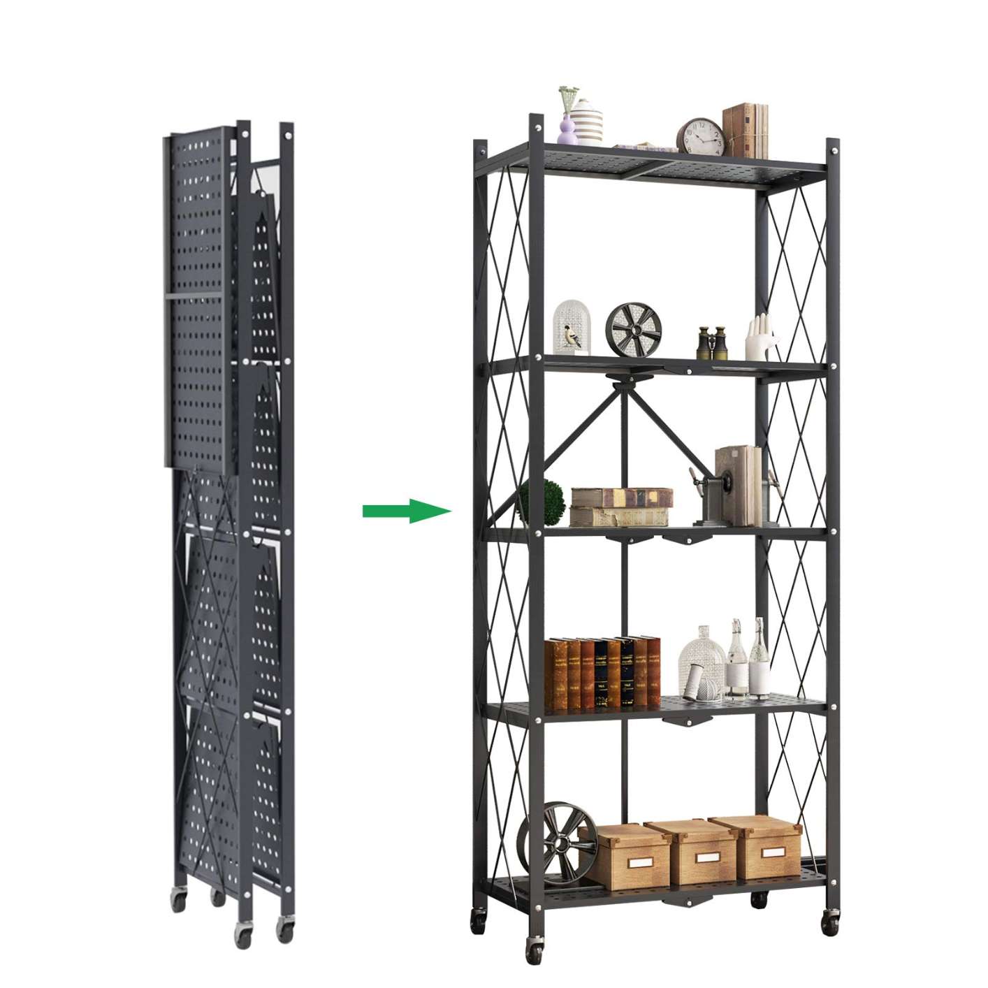 MECOLA Foldable Metal Storage Shelves with Wheels , Heavy-Duty Black Wire Rack Folding Storage Rack No Assembly, for Garage Kitchen Pantry Bedroom