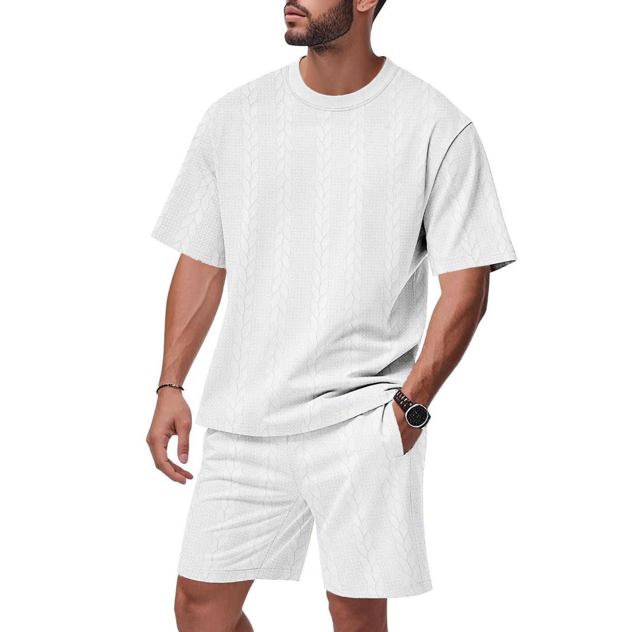 European and American Style Men's Summer Jacquard Set Crew Neck Short Sleeve Shorts Casual Two-Piece Suit