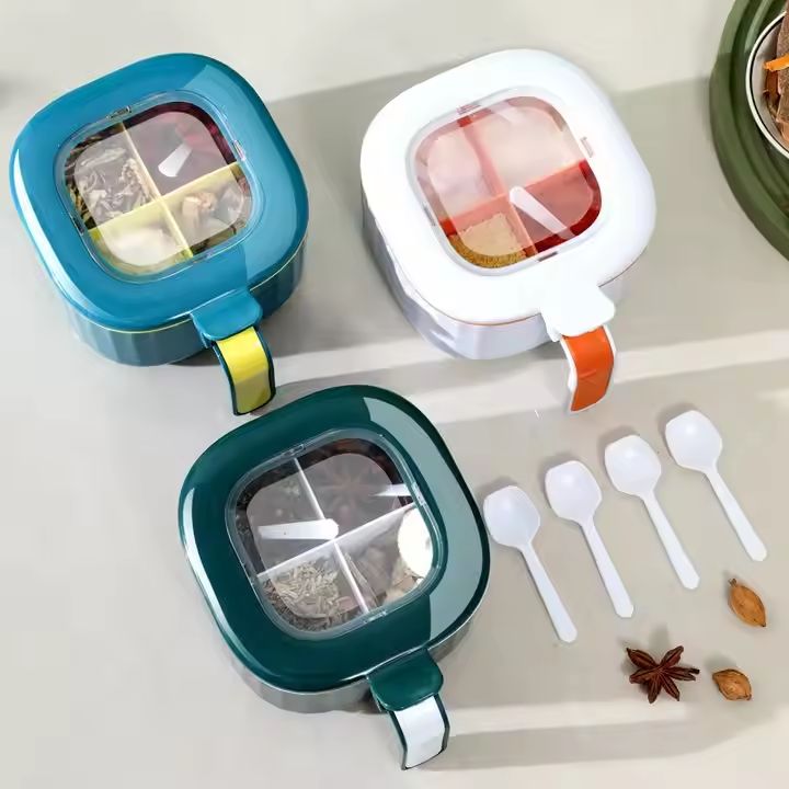 AUNONT Kitchen 4-Grid Integrated Seasoning Box with Spoon Lid Multi-Grid Storage Clearanced Seasoning Tank