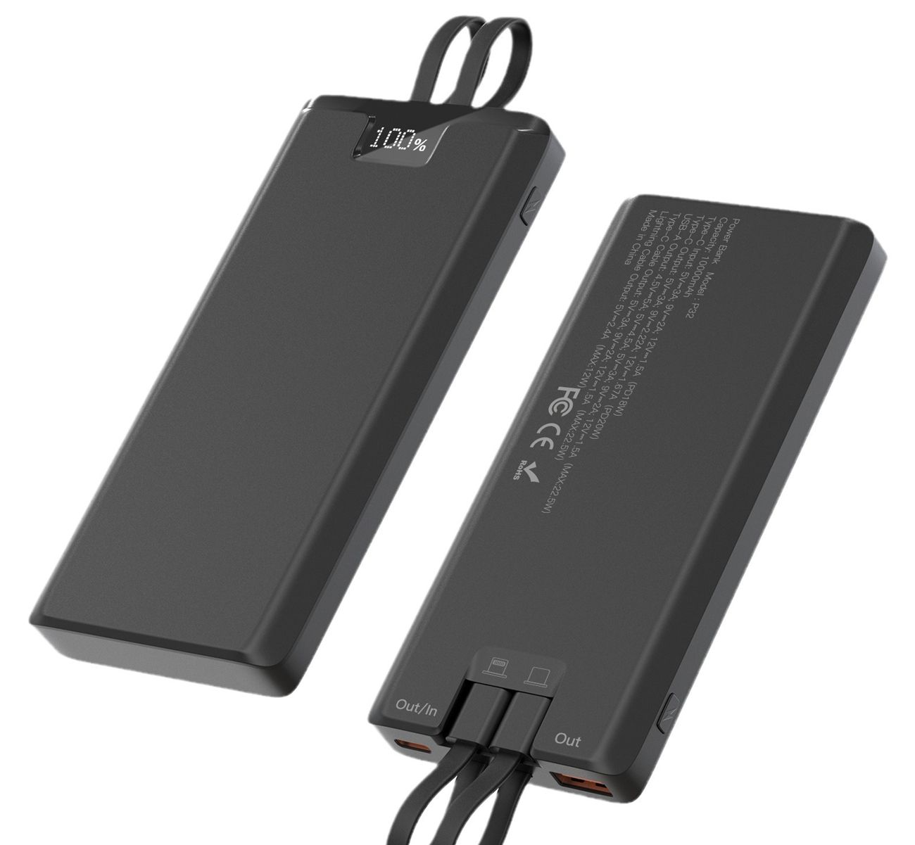 Power bank with digital display and fast charging, portable power bank with built-in cable, large capacity of 10,000 mAh, portable power bank