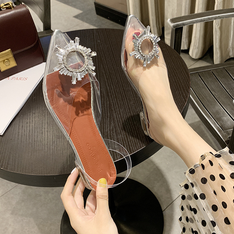 Transparent Block Heeled Sandals Pointed Toe High Heel Sandals Rhinestone Sandal Low Heels Dress Shoes